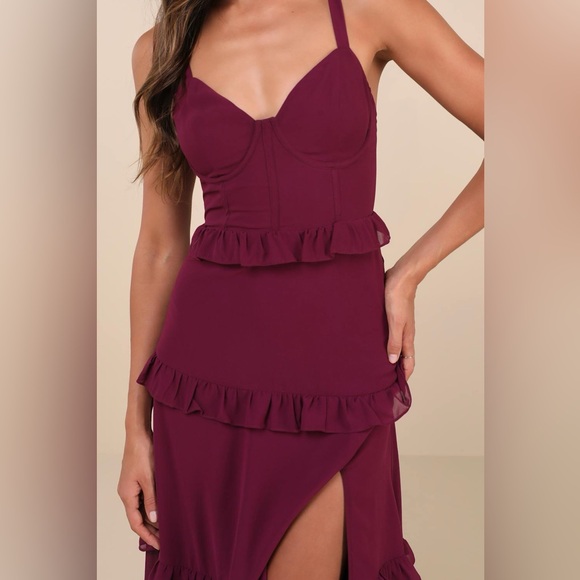 LULU’S Sincerely Poised Plum Purple Backless Bustier Tiered Maxi Dress - Picture 2 of 7
